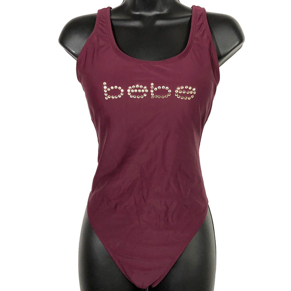 Bebe Lace Back Rhinestone Swimsuit Small Burgundry Wine Red Crystal Y2K Retro - Picture 1 of 12